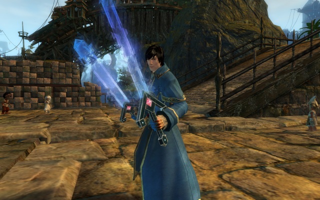 My new level 80 mesmer, Michallis--complete with dual Super Swords for maximum awesome.